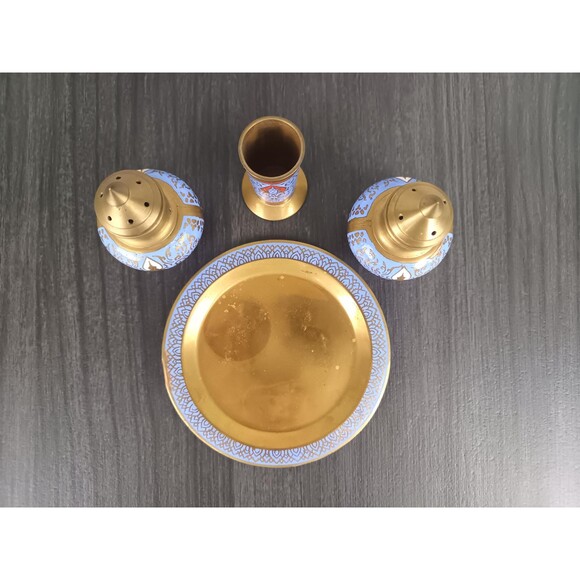Brass Salt Pepper Shaker Toothpick Holder Tray Etched And Decorated With Enamel - Picture 5 of 10